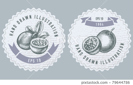 Monochrome labels design with illustration of passion fruit Monochrome labels design with illustration of passion fruit 79644786