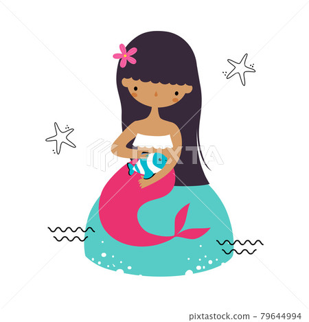 Mermaid with Black Hair Sitting on Boulder Vector Illustration 79644994