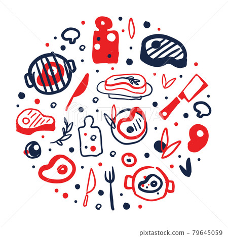 BBQ Banner Template with Meat Products Seamless Pattern of Round Shape Vector Illustration BBQ Banner Template with Meat Products Seamless Pattern of Round Shape Vector Illustration 79645059