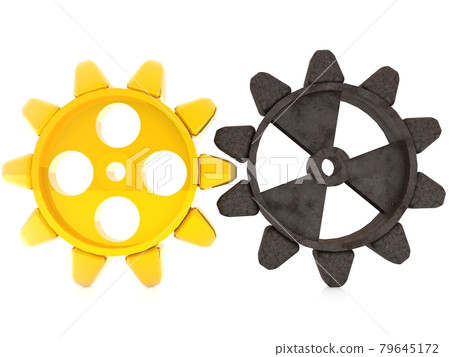 Gold and rusted metal gears on a white background Gold and rusted metal gears on a white background 79645172