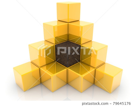 Corroded metal cube between golden cubes in the center of the pyramid Corroded metal cube between golden cubes in the center of the pyramid 79645176