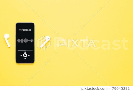 Podcast icon. Audio equipment with microphone, sound headphones, podcast application on mobile smartphone screen. Radio recording sound voice on yellow background. Broadcast media music concept. Podcast icon. Audio equipment with microphone, sound headphones, podcast application on mobile smartphone screen. Radio recording sound voice on yellow background. Broadcast media music concept. 79645221