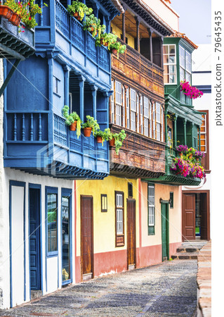 Traditional colonial architecture of Canary islands . capital of La palma - Santa Cruz with colorful balconies 79645435