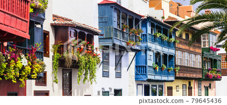 Traditional colonial architecture of Canary islands . capital of La palma - Santa Cruz with colorful balconies Traditional colonial architecture of Canary islands . capital of La palma - Santa Cruz with colorful balconies 79645436