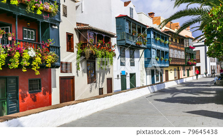 Traditional colonial architecture of Canary islands . capital of La palma - Santa Cruz with colorful balconies 79645438