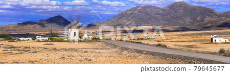 Beautiful scenery of volcanic Fuerteventura. deserted road wit windmill. Canary islands 79645677