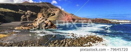 Beauty in nature - volcanic island Lanzarote, impressive colorful beach El Golfo. Canary islands Beauty in nature - volcanic island Lanzarote, impressive colorful beach El Golfo. Canary islands 79645720