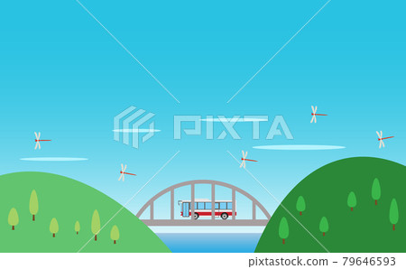 In autumn, a bus that runs on a mountain arch bridge where dragonflies fly In autumn, a bus that runs on a mountain arch bridge where dragonflies fly 79646593