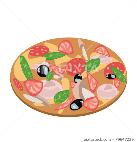Realistic pizza with pepperoni and different types of sauces and cheese - Vector Realistic pizza with pepperoni and different types of sauces and cheese - Vector 79647229