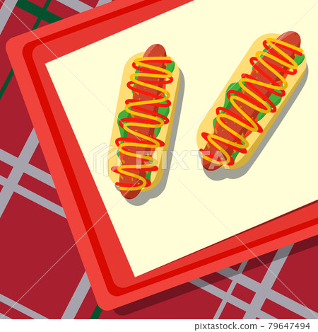 Fast food lying on a tray, checkered tablecloth - Vector 79647494