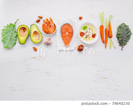 Ketogenic low carbs diet concept. Ingredients for healthy foods selection set up on white wooden background. Ketogenic low carbs diet concept. Ingredients for healthy foods selection set up on white wooden background. 79648230