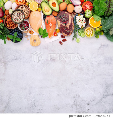Ketogenic low carbs diet concept. Ingredients for healthy foods selection set up on white concrete background. 79648234