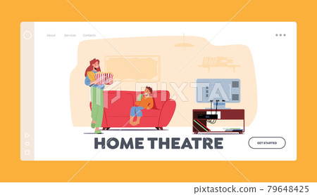 Home Theater Landing Page Template. Mother and Little Son with Soda and Pop Corn Sitting on Sofa Prepare for Watch Movie Home Theater Landing Page Template. Mother and Little Son with Soda and Pop Corn Sitting on Sofa Prepare for Watch Movie 79648425