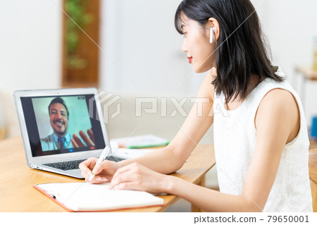 Young woman studying online English Young woman studying online English 79650001