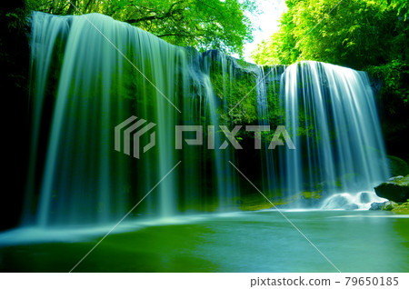 優雅而神秘的鍋瀧瀑布被清新的綠色所環繞 79650185