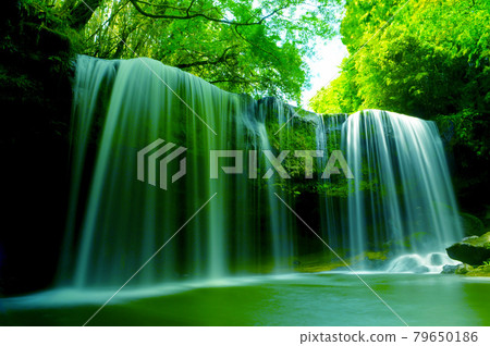優雅而神秘的鍋瀧瀑布被清新的綠色所環繞 79650186