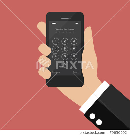 Hand holding smartphone with login screen and entering passcode 79650992