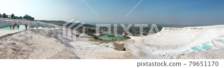 Travertines in Turkey. Calcite cliff of Pamukkale. 79651170