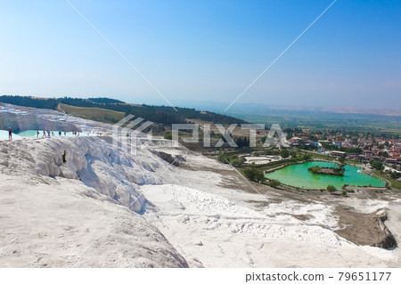 Travertines in Turkey. Calcite cliff of Pamukkale. 79651177
