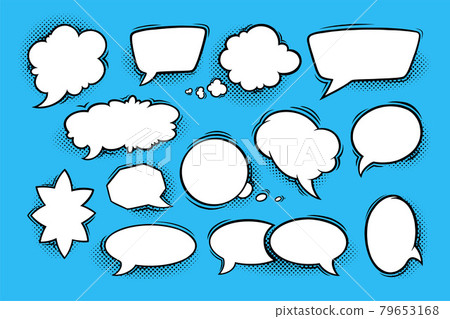 Speech bubbles with halftone shadows in comic style. Set of speech boxes isolated in blue background. Vector illustration Speech bubbles with halftone shadows in comic style. Set of speech boxes isolated in blue background. Vector illustration 79653168