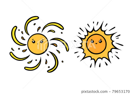 Cute suns with eyes and smiles. Yellow sun smiling faces in doodle style. Black and white vector illustration Cute suns with eyes and smiles. Yellow sun smiling faces in doodle style. Black and white vector illustration 79653170