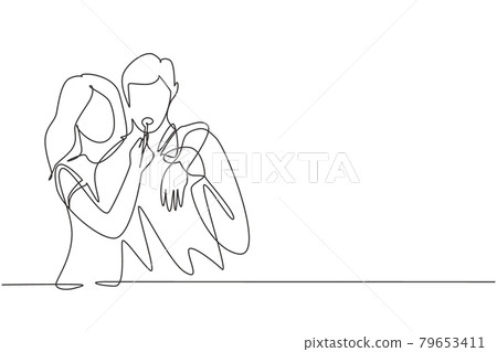 Single one line drawing romantic woman feeding husband for breakfast. Celebrate wedding anniversaries and enjoy romantic moment at home. Modern continuous line draw design graphic vector illustration 79653411
