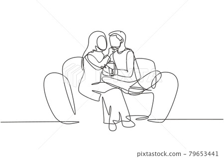 Single continuous line drawing romantic Arabian couple sitting relaxed together on sofa, woman feeding popcorn to man. Celebrate wedding anniversary. One line draw graphic design vector illustration Single continuous line drawing romantic Arabian couple sitting relaxed together on sofa, woman feeding popcorn to man. Celebrate wedding anniversary. One line draw graphic design vector illustration 79653441