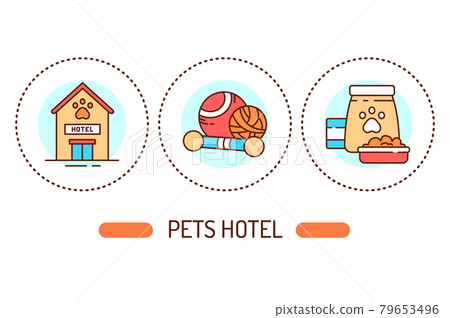 Pets hotel outline concept. Animal care line color icons. Pictograms for web page, mobile app, promo Pets hotel outline concept. Animal care line color icons. Pictograms for web page, mobile app, promo 79653496