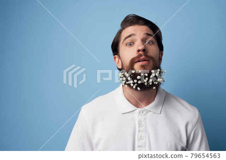 surprised man with beard flowers barbershop style 79654563