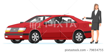 Passenger Car and Businesswoman Holding Key. 79654755
