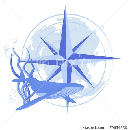 Whale and compass vector stock marine illustration of the Navy. The wind rose. The ocean and its inhabitants. Cartography of the underwater world. a sailor. Isolated on a white background. Whale and compass vector stock marine illustration of the Navy. The wind rose. The ocean and its inhabitants. Cartography of the underwater world. a sailor. Isolated on a white background. 79654888