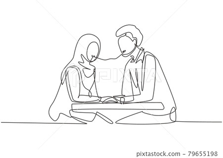 Continuous one line drawing young Arabian couple eating spaghetti together. Celebrate anniversaries and enjoy romantic dinner at modern restaurant. Single line draw design vector graphic illustration Continuous one line drawing young Arabian couple eating spaghetti together. Celebrate anniversaries and enjoy romantic dinner at modern restaurant. Single line draw design vector graphic illustration 79655198
