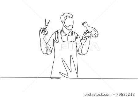 Single one line drawing young man barber masculine with hair dryer and scissors ready to service client. Hairstylist gentleman concept. Modern continuous line draw design graphic vector illustration Single one line drawing young man barber masculine with hair dryer and scissors ready to service client. Hairstylist gentleman concept. Modern continuous line draw design graphic vector illustration 79655218