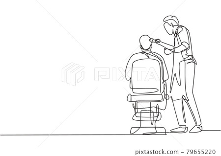 Continuous one line drawing rear view shot of handsome hairdresser cutting hair of young male client. Hairstylist serving client at barber shop. Single line draw design vector graphic illustration 79655220