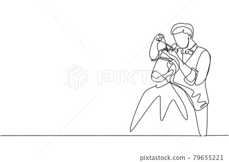 Single continuous line drawing handsome bearded man is looking forward while having his hair cut by hairdresser at barbershop. Grooming of real man. One line draw graphic design vector illustration Single continuous line drawing handsome bearded man is looking forward while having his hair cut by hairdresser at barbershop. Grooming of real man. One line draw graphic design vector illustration 79655221