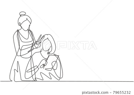 Single one line drawing young women sitting in beauty hair salon style, reading the magazine and waiting for result. Hair style beauty concept. Continuous line draw design graphic vector illustration Single one line drawing young women sitting in beauty hair salon style, reading the magazine and waiting for result. Hair style beauty concept. Continuous line draw design graphic vector illustration 79655232