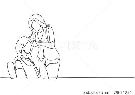 Single continuous line drawing confident young woman is looking at her reflection. Glowing beauty with new hairstyle at salon. Hair style concept. One line draw graphic design vector illustration 79655234