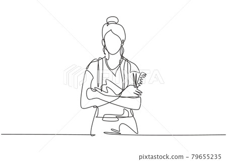 Single one line drawing portrait of smiling owner of hairdresser salon. Young woman barber beautician. Hairstylist or hair style beauty concept. Continuous line draw design graphic vector illustration 79655235