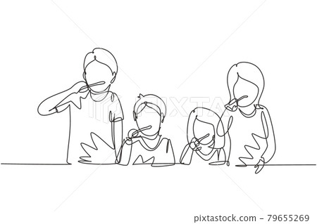 Single continuous line drawing happy family brushing their teeth together before bedtime. Routine habits for cleanliness and health of mouth and teeth. One line draw graphic design vector illustration Single continuous line drawing happy family brushing their teeth together before bedtime. Routine habits for cleanliness and health of mouth and teeth. One line draw graphic design vector illustration 79655269