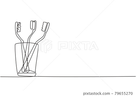 Single continuous line drawing several toothbrushes in glass. Dental care equipment at home. Brushing teeth. Teeth care concept. Oral care center. One line draw graphic design vector illustration Single continuous line drawing several toothbrushes in glass. Dental care equipment at home. Brushing teeth. Teeth care concept. Oral care center. One line draw graphic design vector illustration 79655270