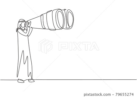 Single one line drawing happy Arab tourist man looking through big binoculars far ahead. Young gentleman is traveling with field glasses. Modern continuous line draw design graphic vector illustration Single one line drawing happy Arab tourist man looking through big binoculars far ahead. Young gentleman is traveling with field glasses. Modern continuous line draw design graphic vector illustration 79655274