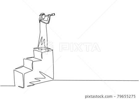 Continuous one line drawing vision concept in business of Arabic businessman and telescope, monocular. Symbol leadership, strategy, mission, objectives. Single line design vector graphic illustration Continuous one line drawing vision concept in business of Arabic businessman and telescope, monocular. Symbol leadership, strategy, mission, objectives. Single line design vector graphic illustration 79655275