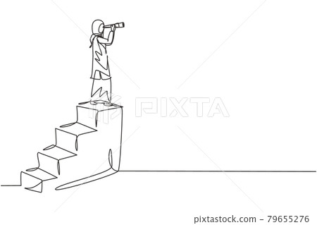 Single one line drawing vision concept in business of Arab businesswoman and telescope, monocular. Symbol leadership, strategy, mission, objectives. Continuous line design graphic vector illustration 79655276