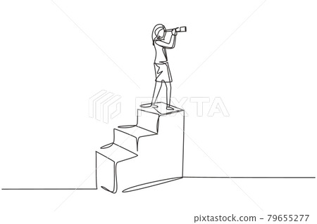 Single continuous line drawing vision concept in business of businesswoman and telescope, monocular. Symbol leadership, strategy, mission, objectives. One line draw graphic design vector illustration Single continuous line drawing vision concept in business of businesswoman and telescope, monocular. Symbol leadership, strategy, mission, objectives. One line draw graphic design vector illustration 79655277