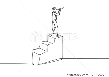 Single one line drawing vision concept in business of businessman and telescope, monocular. Symbol leadership, strategy, mission, objectives. Continuous line draw design graphic vector illustration Single one line drawing vision concept in business of businessman and telescope, monocular. Symbol leadership, strategy, mission, objectives. Continuous line draw design graphic vector illustration 79655278