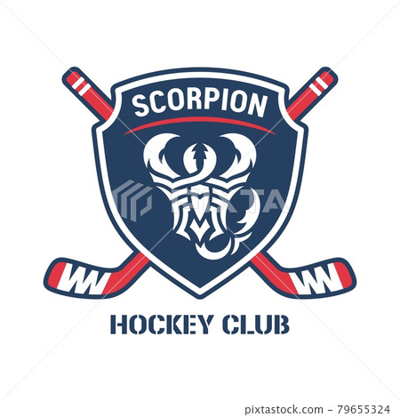 Scorpion hockey club logo. Shield, two crossed hockey sticks, text and graphic image of frightening Scorpion. Red and blue colors. Stylish emblem, badge, symbol of a sports team. Vector illustration. Scorpion hockey club logo. Shield, two crossed hockey sticks, text and graphic image of frightening Scorpion. Red and blue colors. Stylish emblem, badge, symbol of a sports team. Vector illustration. 79655324