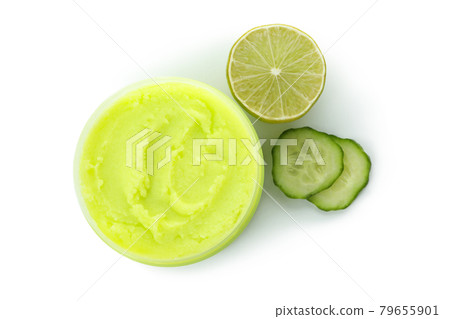 Cosmetics, cucumber and lime isolated on white background Cosmetics, cucumber and lime isolated on white background 79655901
