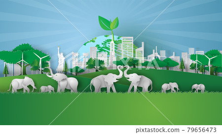 Animal wildlife in green park landmarks Cityscape. Creative Paper cut and craft style. Elephants in forest.Graphic Eco environment day concept for poster.vector illustration. earth day concept on sky 79656473