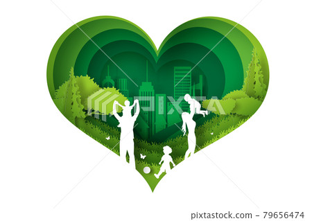 Eco Green happy family having fun playing in the field. paper cut and craft design Environment nature day concept.people lifestyle enjoy in garden park Picnic in holiday. heart shape curve concept 79656474
