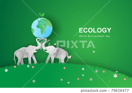 illustration of elephants in forest,Creative Origami design world environment and earth day. paper cut and craft concept.Landscape Wildlife animal with elephants lovers heart in nature by meadow. 79656477